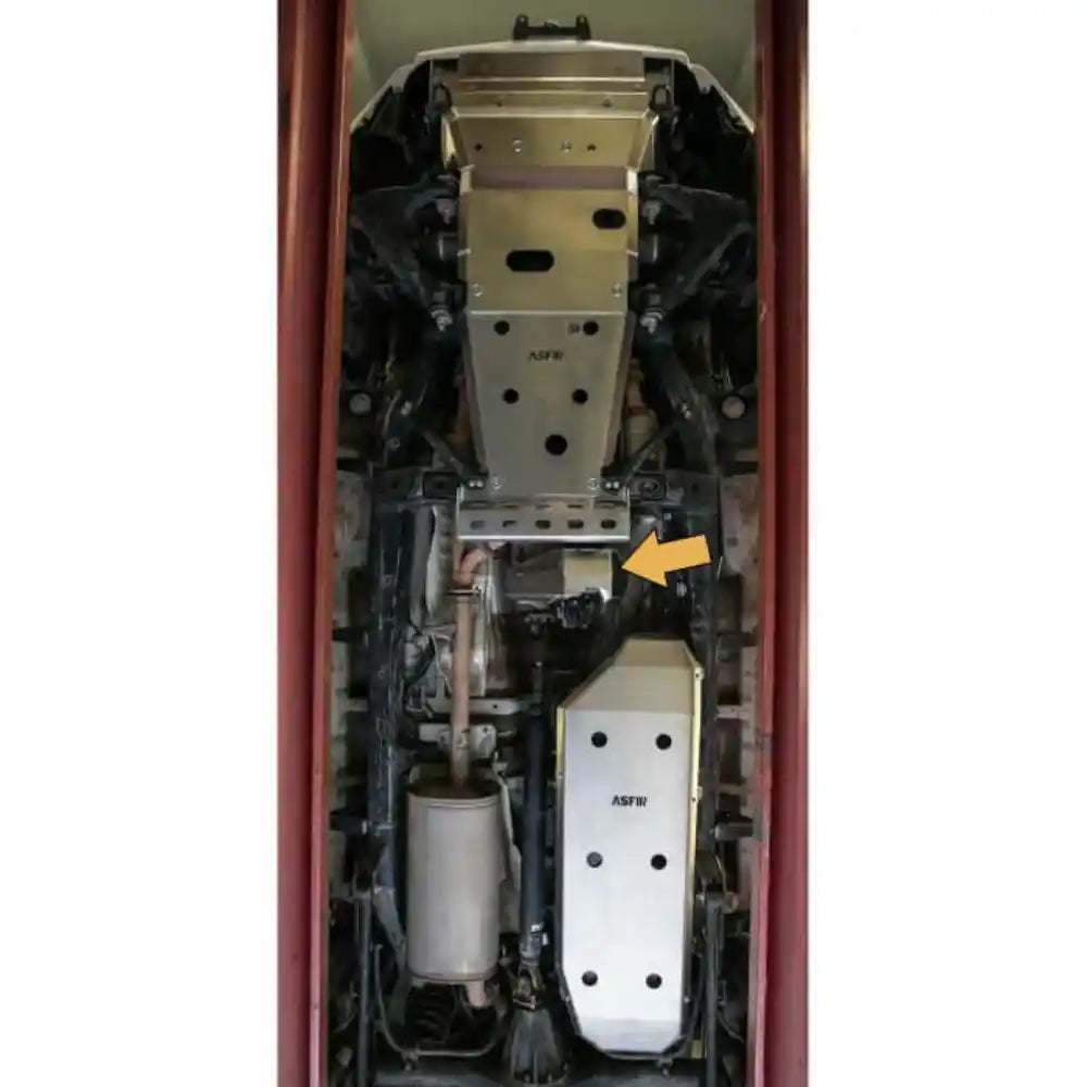 Asfir aluminum transfer case skid plate installed on Toyota 4Runner