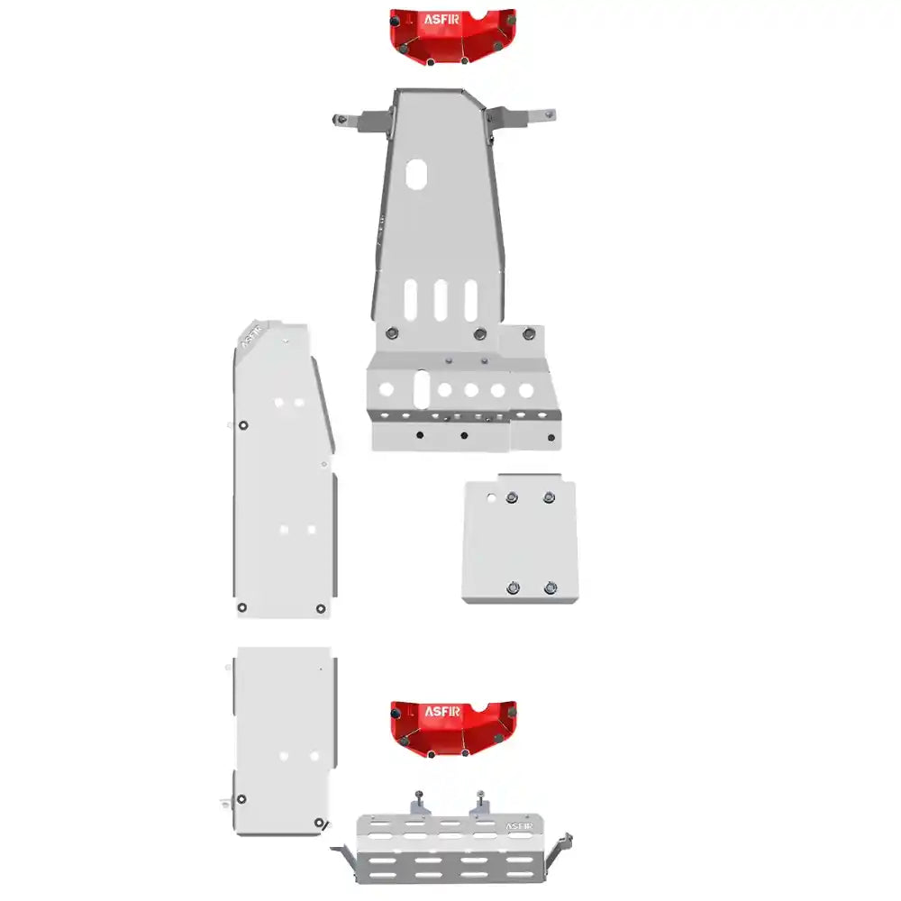 Asfir product diagram of the 6-piece skid plate kit.
