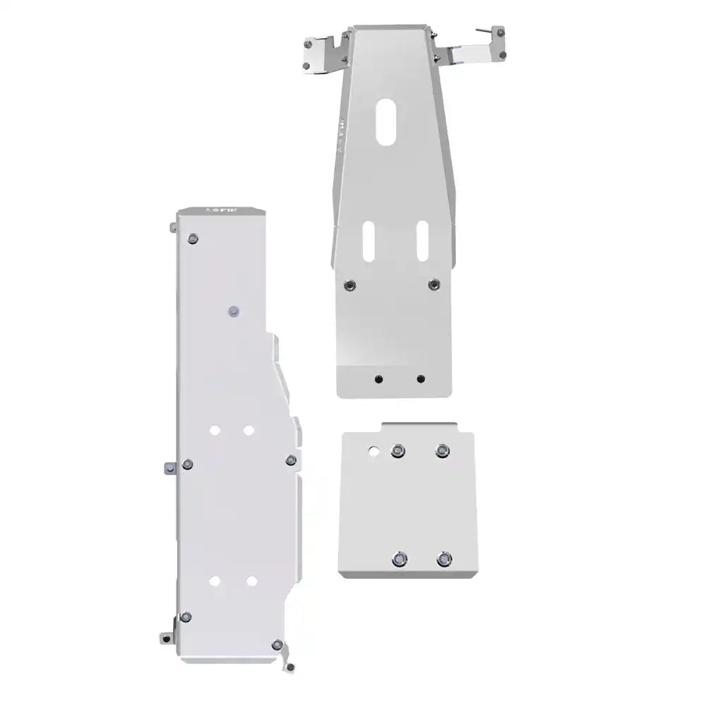 Assembled front and transmission skid plates ready for installation