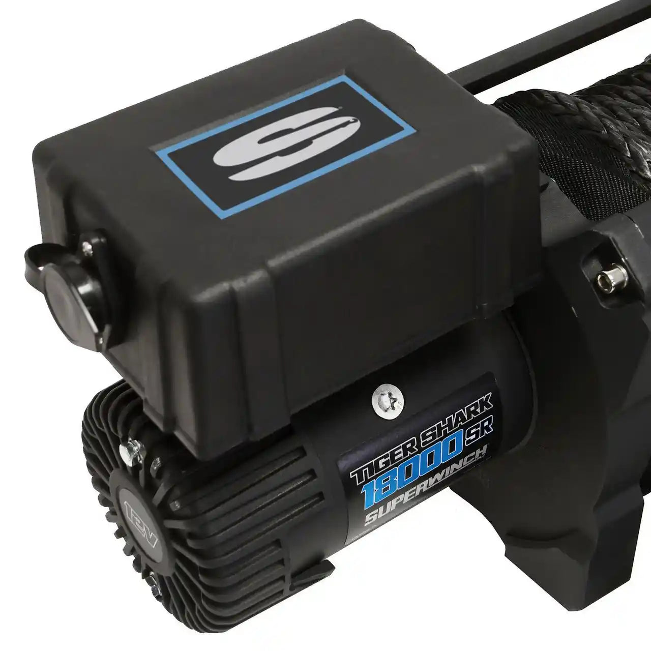 Black 18000 lb winch with motor and Superwinch logo on a white background