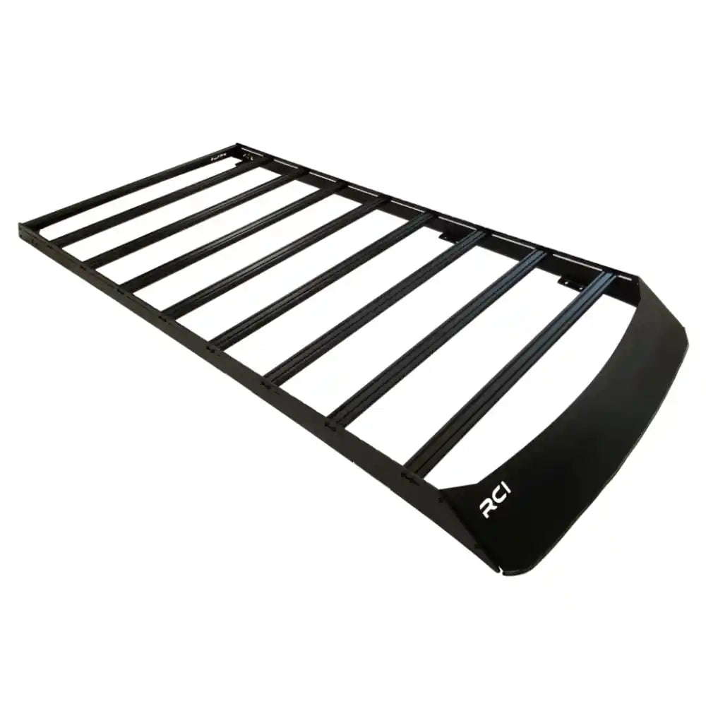 Black RCI full-length aluminum roof rack with parallel slats and curved rear fairing, isolated on white background