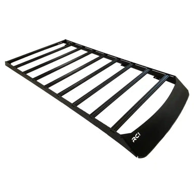 Black RCI full-length aluminum roof rack with parallel slats and curved rear fairing, isolated on white background
