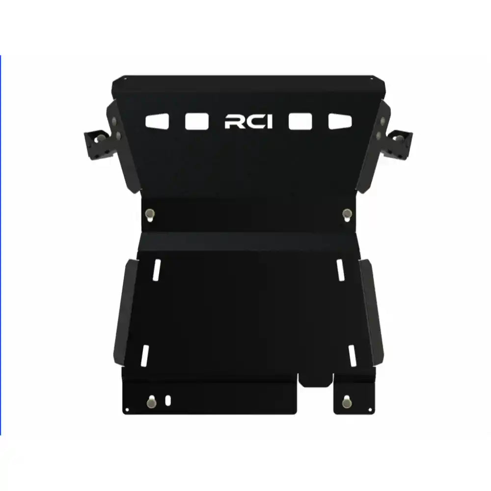 Black RCI off-road engine skid plate, front view with mounting brackets
