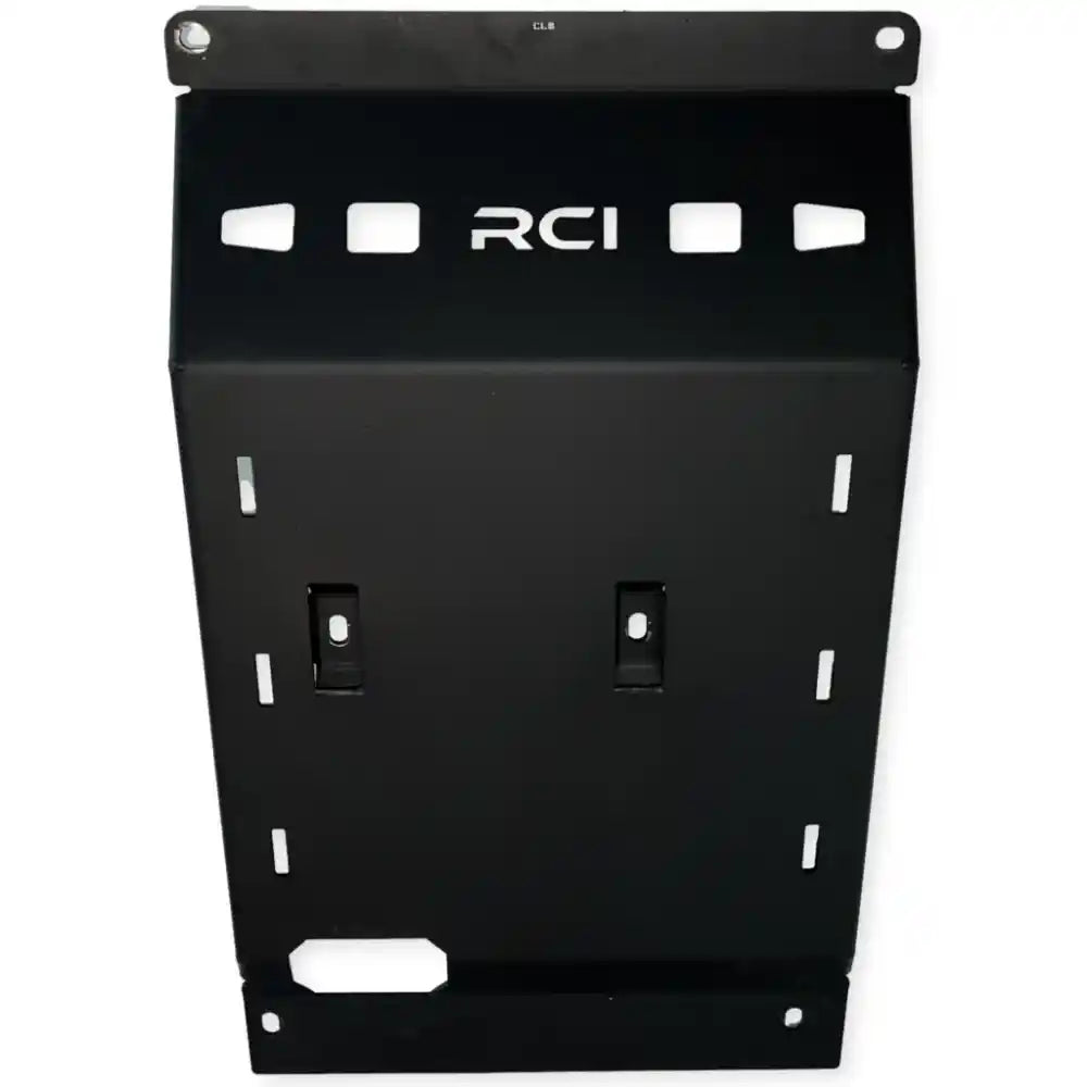 Black RCI skid plate protecting oil pan and front differential