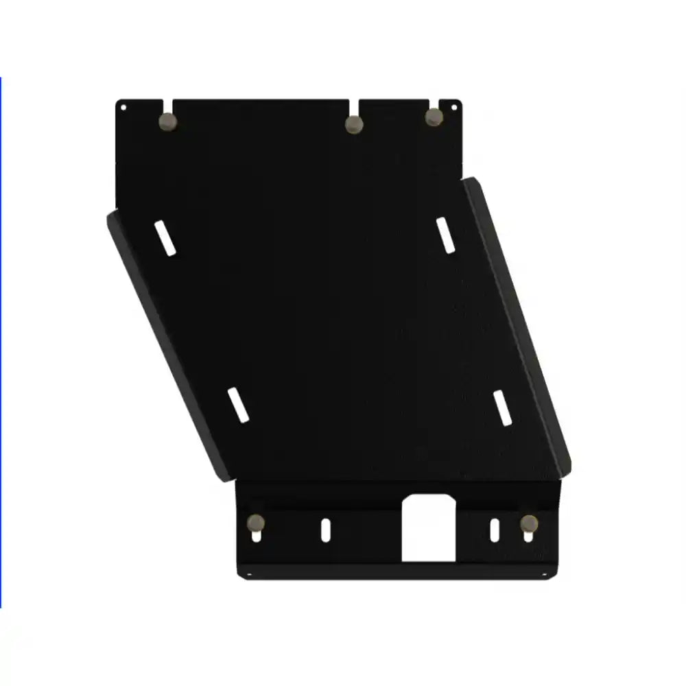 Black RCI transfer case skid plate alone, front view with mounting holes