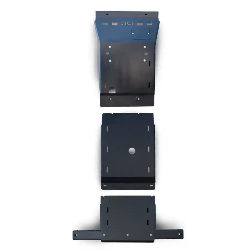 Black RCI transfer case skid plate with folded top flange and "RCI" logo cutouts