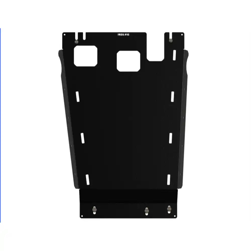 Black RCI transmission skid plate alone, front-facing view showing cutouts and mounting points