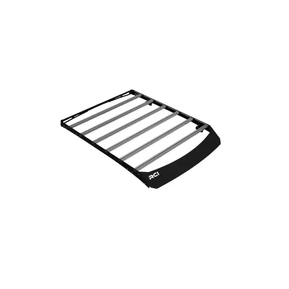 Black aluminum RCI roof rack with parallel slats, isolated product view