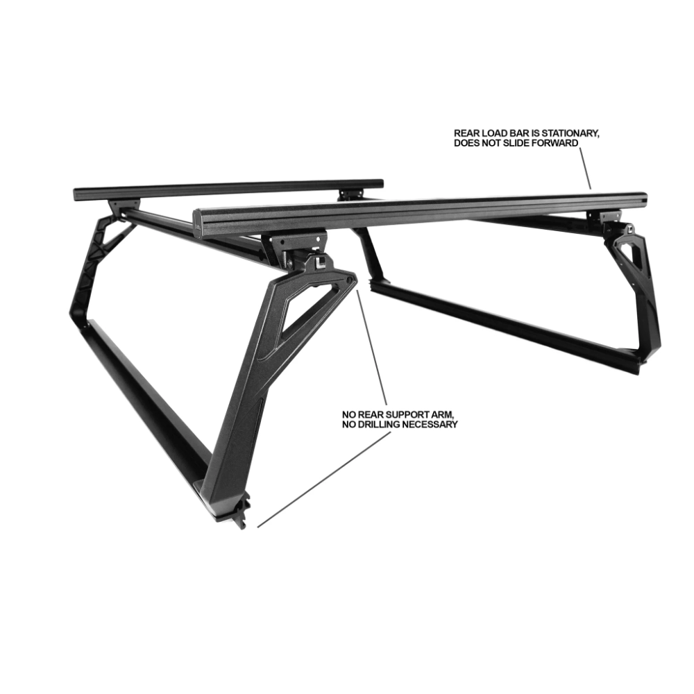 Black metal bed rack no-drill system on a white background with highlighted features.