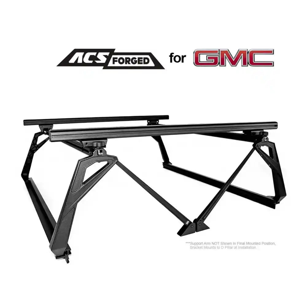 Black metal bed rack with ACS Forged and GMC branding on a white background