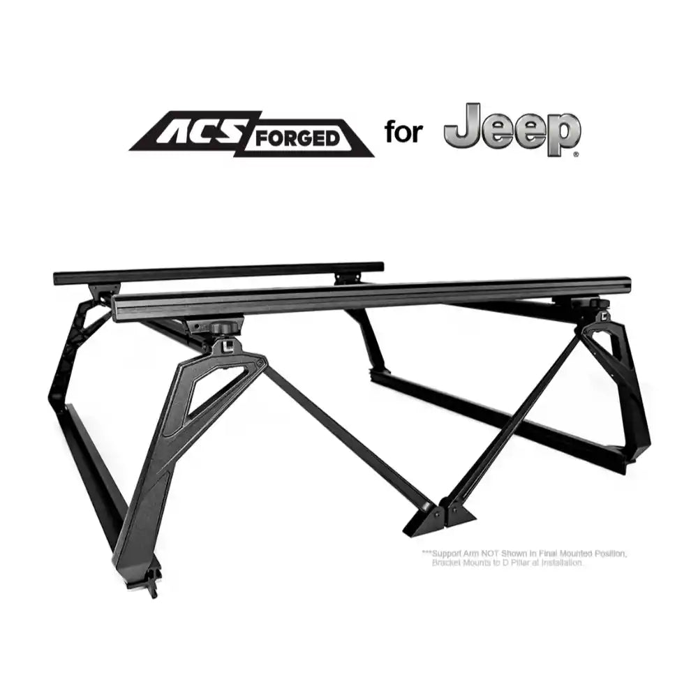 Black metal bed rack with ACS Forged and Jeep branding on a white background