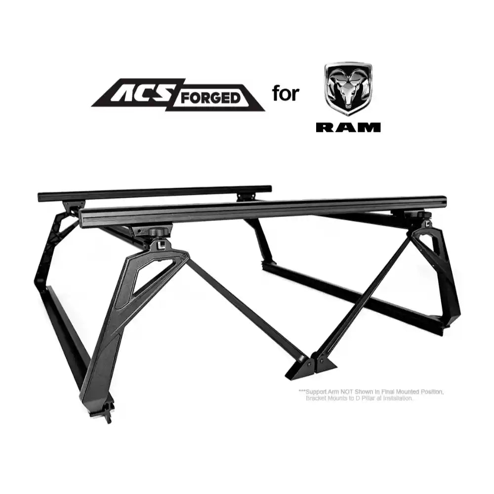 Black metal bed rack with ACS Forged and RAM logos on a white background