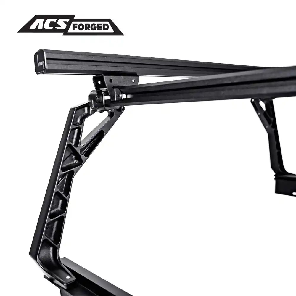 Black metal bed rack with 'ACS Forged' logo on a white background