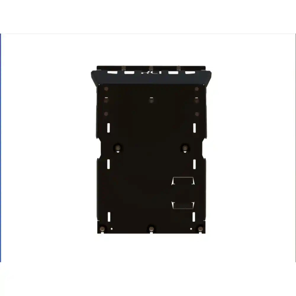 Black powder-coated RCI engine skid plate, standalone front view