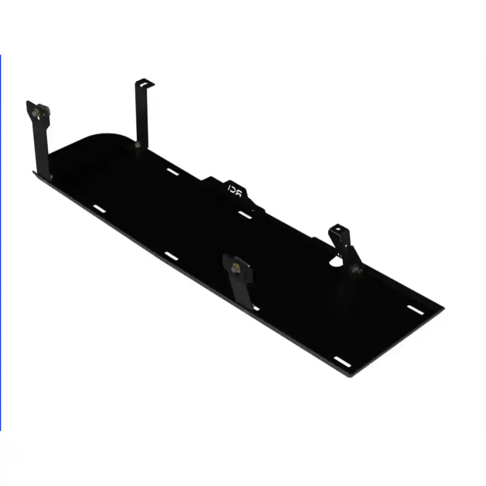 Black powder-coated RCI fuel tank skid plate, standalone angled view with mounting brackets