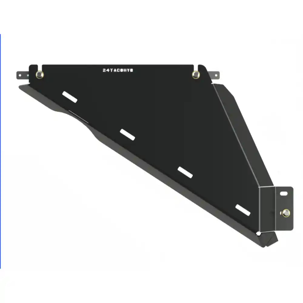 Black powder-coated RCI hybrid transfer case skid plate for 2024+ Tacoma, angled product view