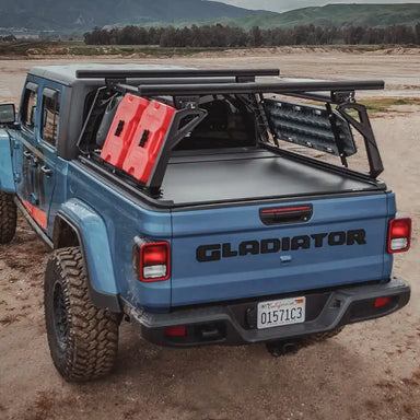 Blue Gladiator truck with installed Leitner Designs ACS Tonneau Bed Rack