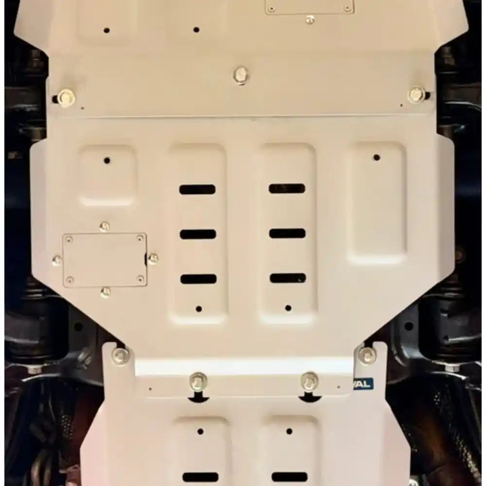 Bottom view: RIVAL full gas tank skid plate mounted underneath