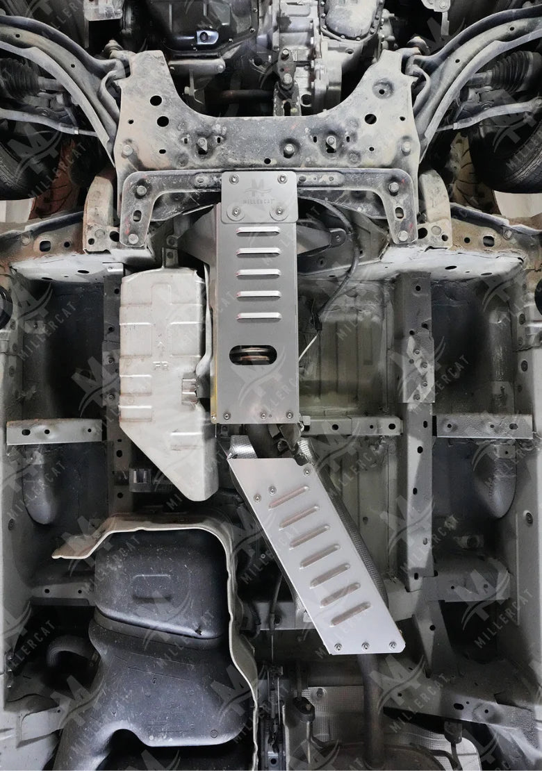 Undercarriage view of Chevrolet City Express with mounted MillerCat Cat Shield