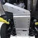 Close-up RCI transmission skid plate under Ranger drivetrain.