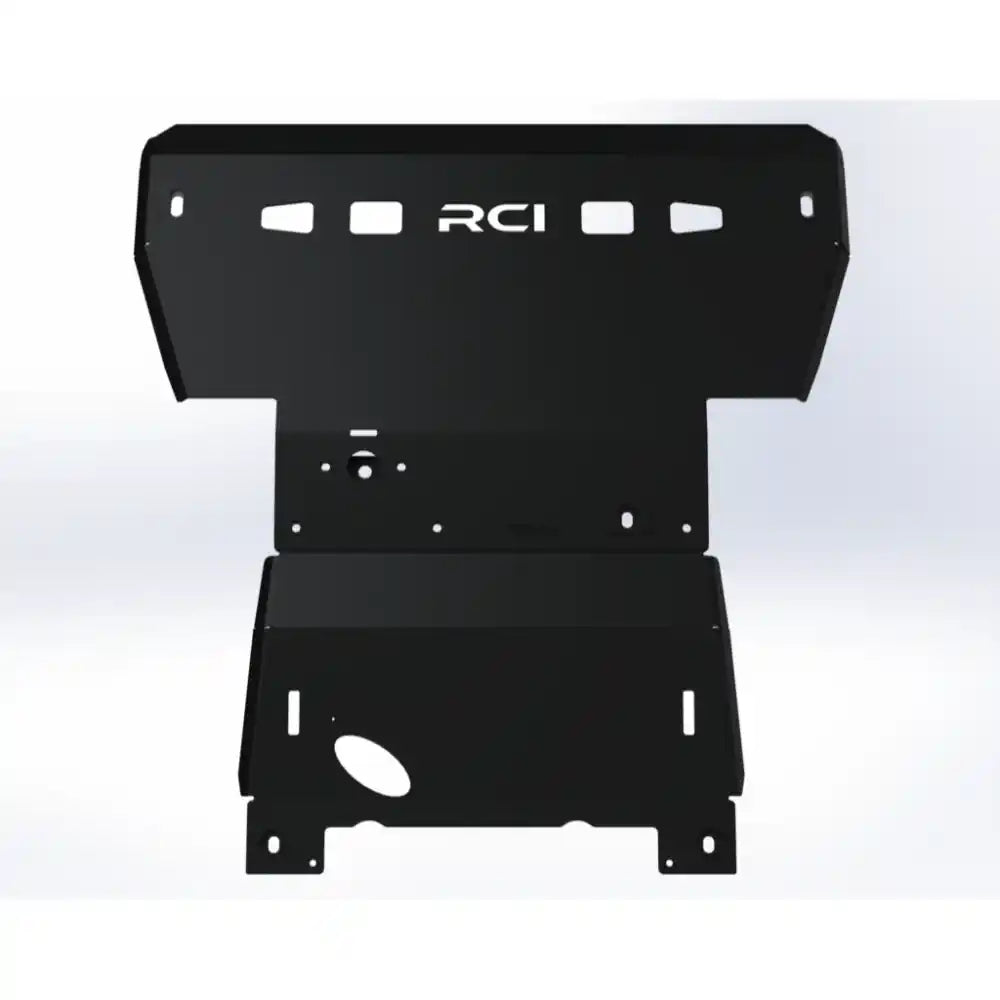Close-up black RCI engine skid on Ranger with suspension visible.