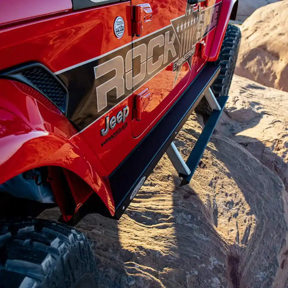 Close-up of Rock Slide JL step slider underside with support brackets