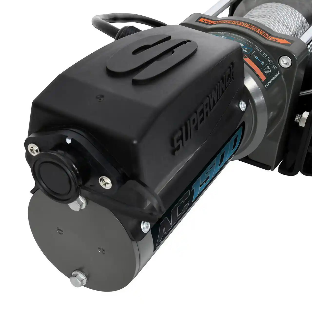 Close-up of a Superwinch 1500lb winch motor on a white background