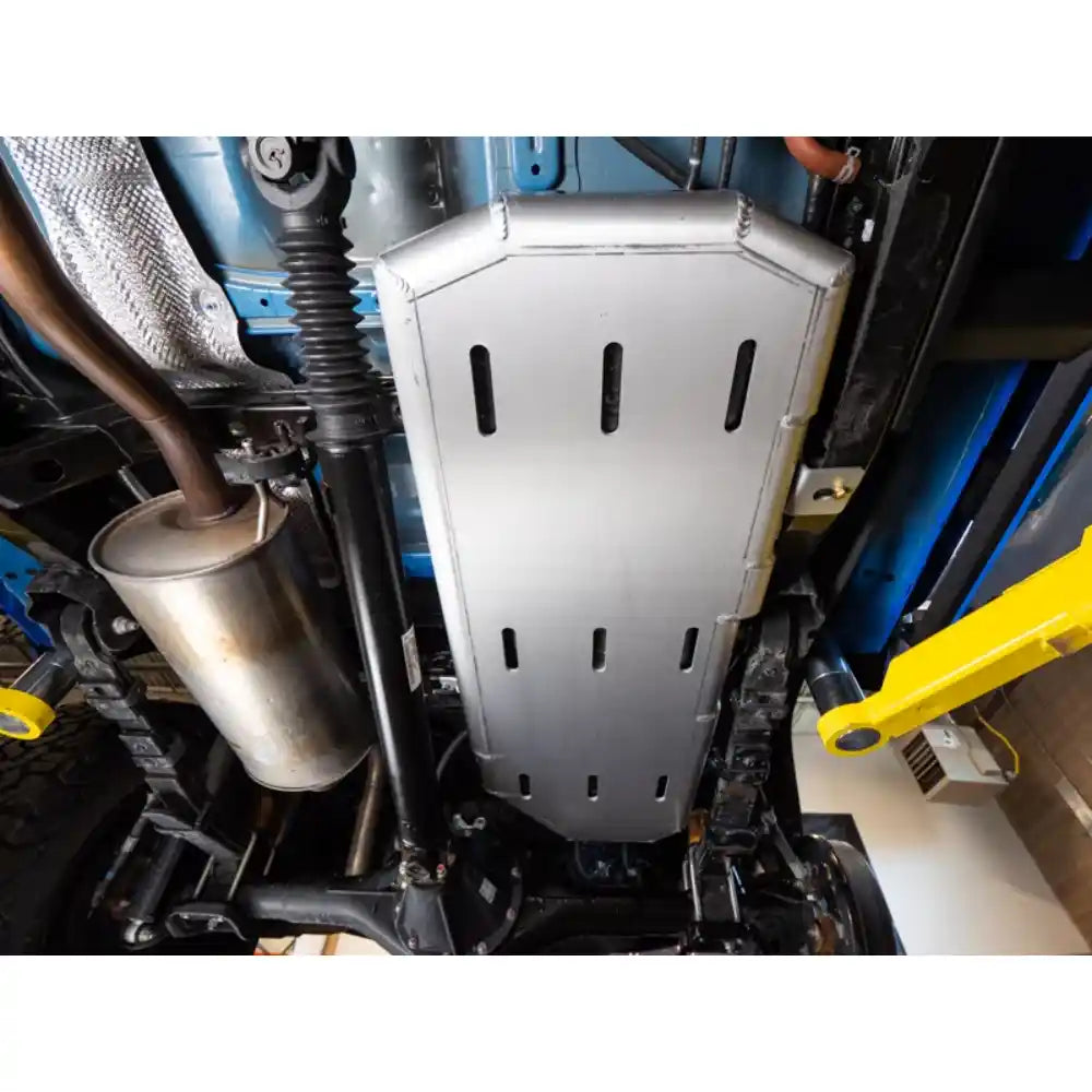 Close-up of a Tacoma's Fuel tank with skid plate.