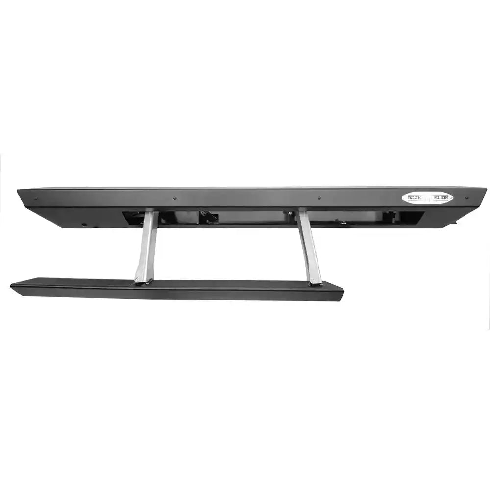 Close-up of black powder-coated JK step slider with silver pivoting step arms