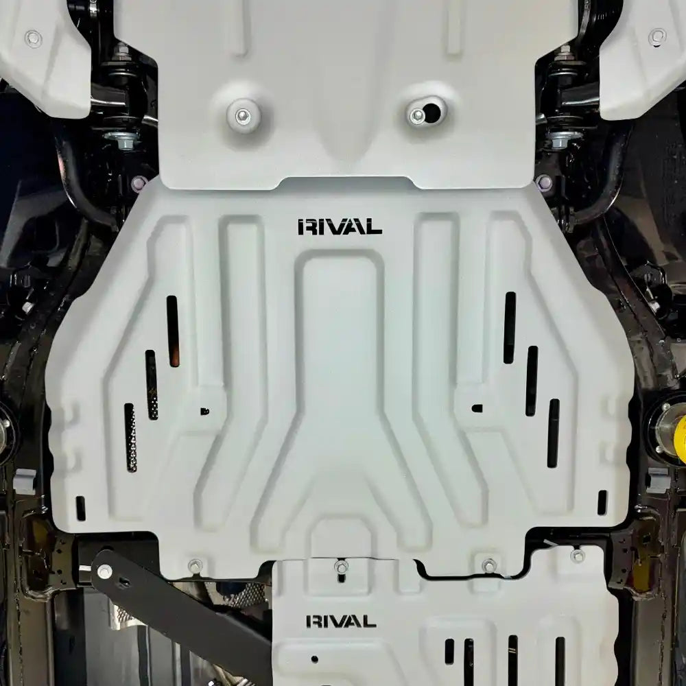 Close-up of tranmsision CAT skid plate by Rival mounted on Tundra