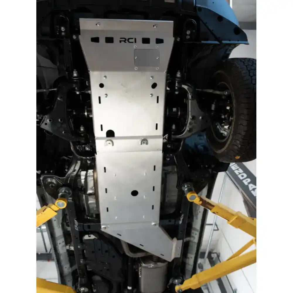 Close-up of transfer case protection plate