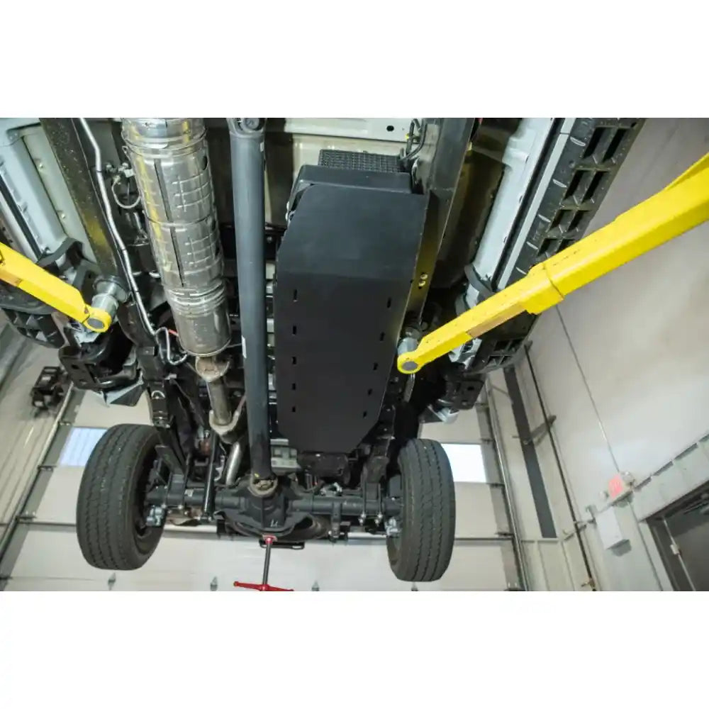 Close-up rear view of RCI fuel tank skid plate on Super Duty