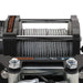 Close-up of a winch with coiled steel cable on a white background
