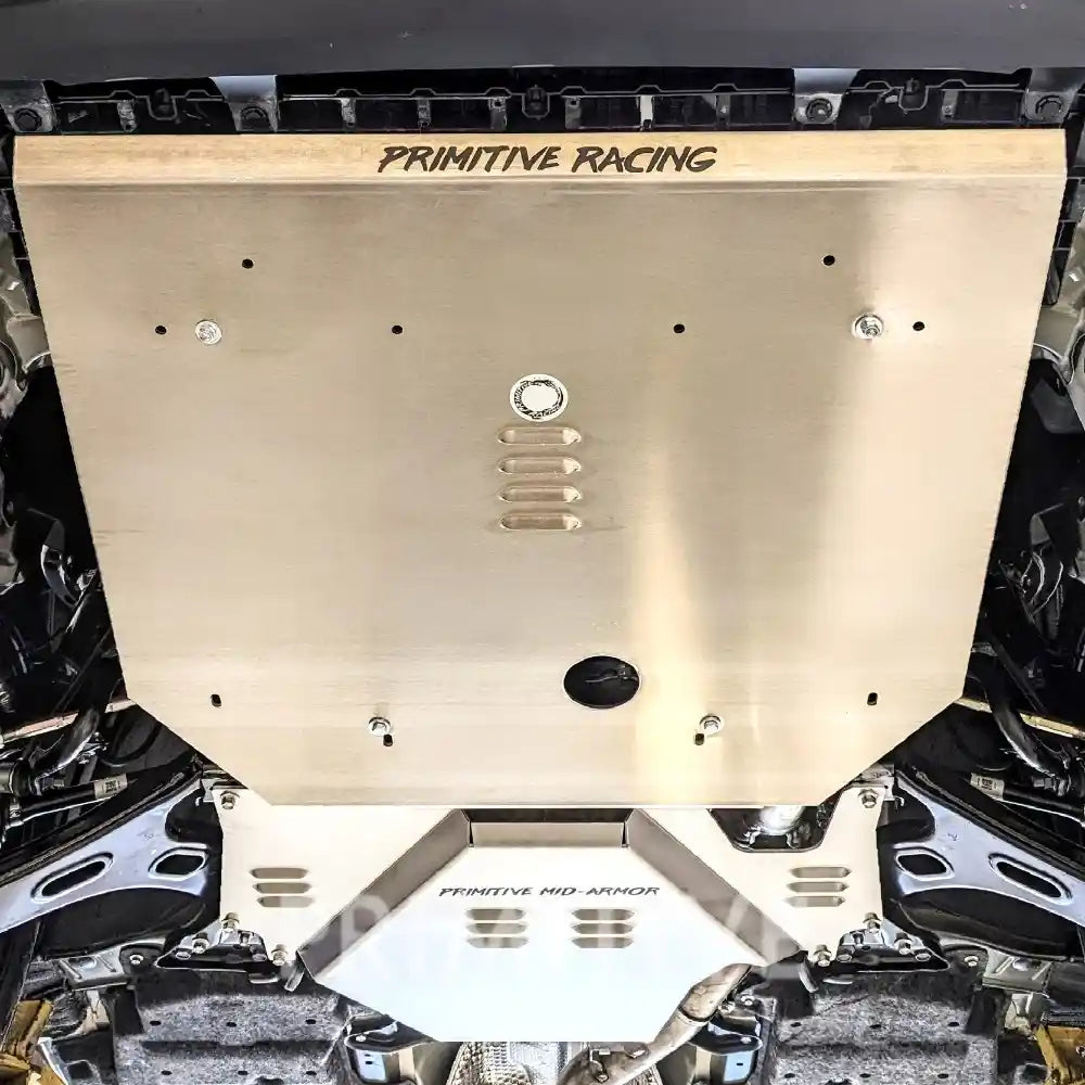 Close up view of the mounted front and transmission skid plates on Crosstrek