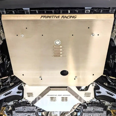 Close up view of the mounted front and transmission skid plates on Crosstrek