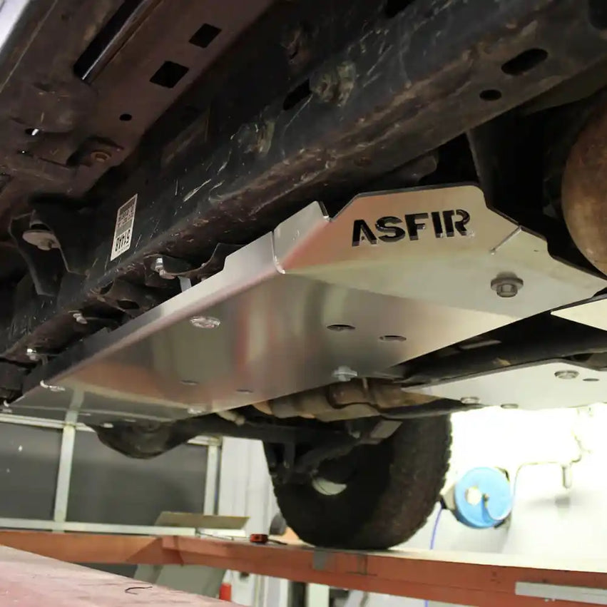 Assembled Asfir front and transmission skid plates ready for installation