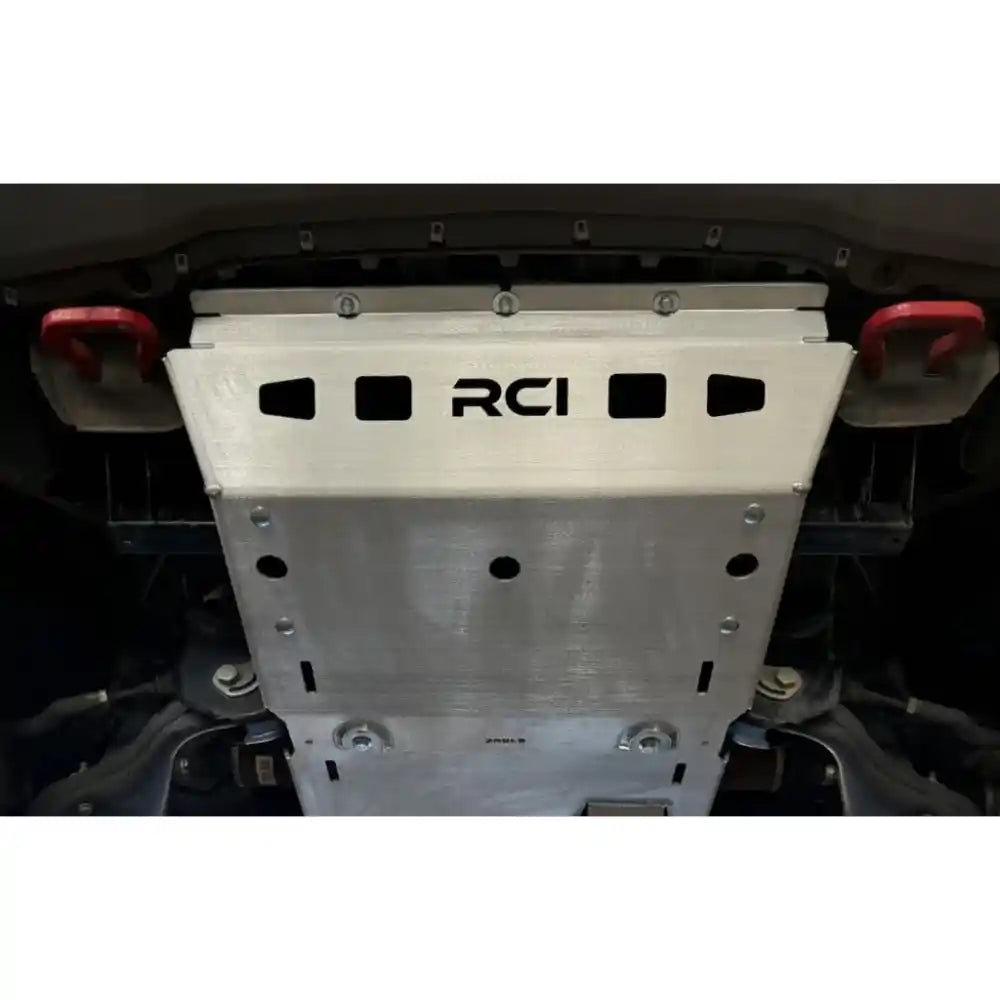 Complete rear skid coverage on Colorado with RCI branding visible