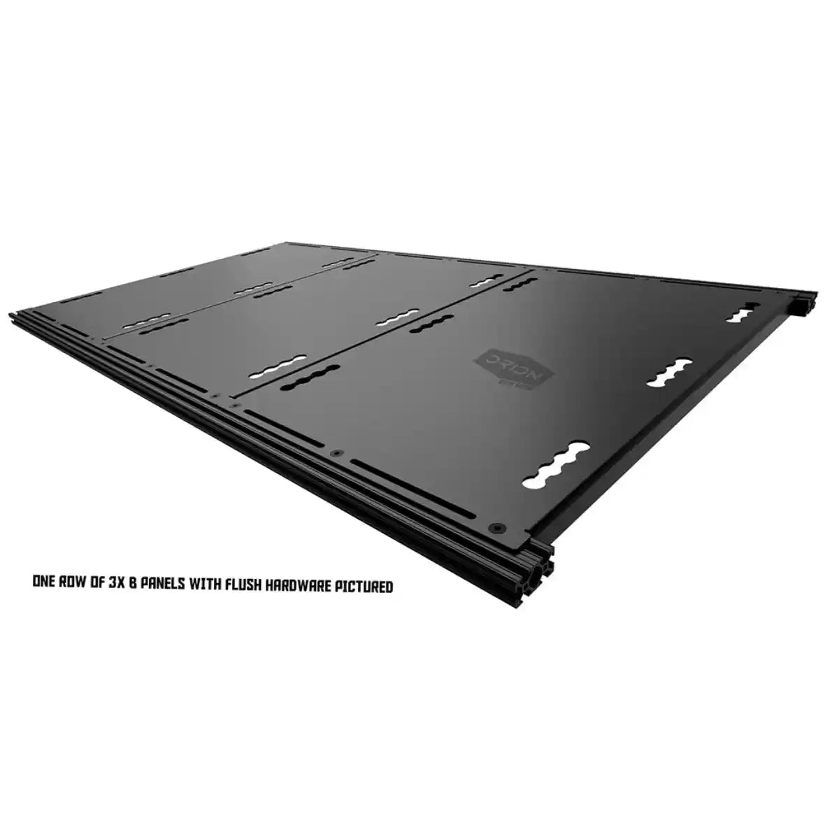 Black metal deck panel system with flush hardware on a white background