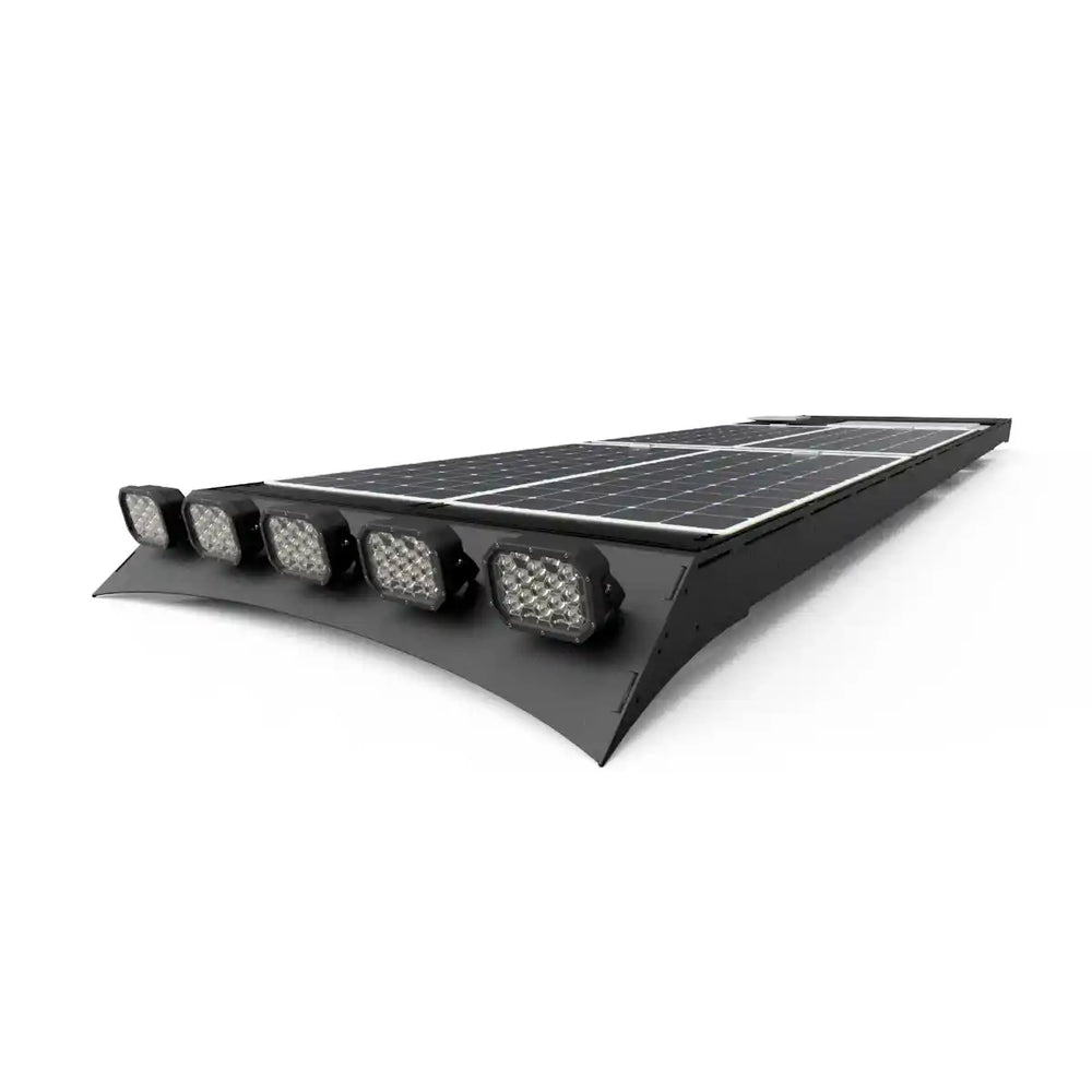 LED lights installed on the front of the roof rack and solar planned on top of the rack.