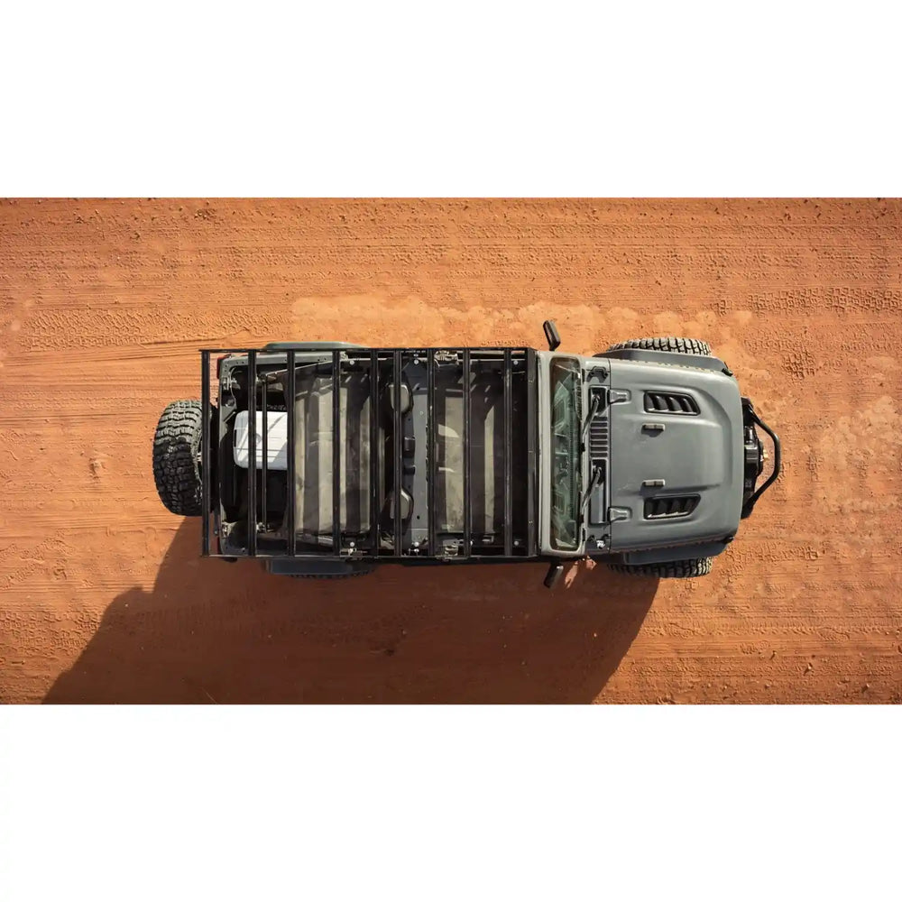 Top-down view of a Sherpa roof rack on a grey Wrangler