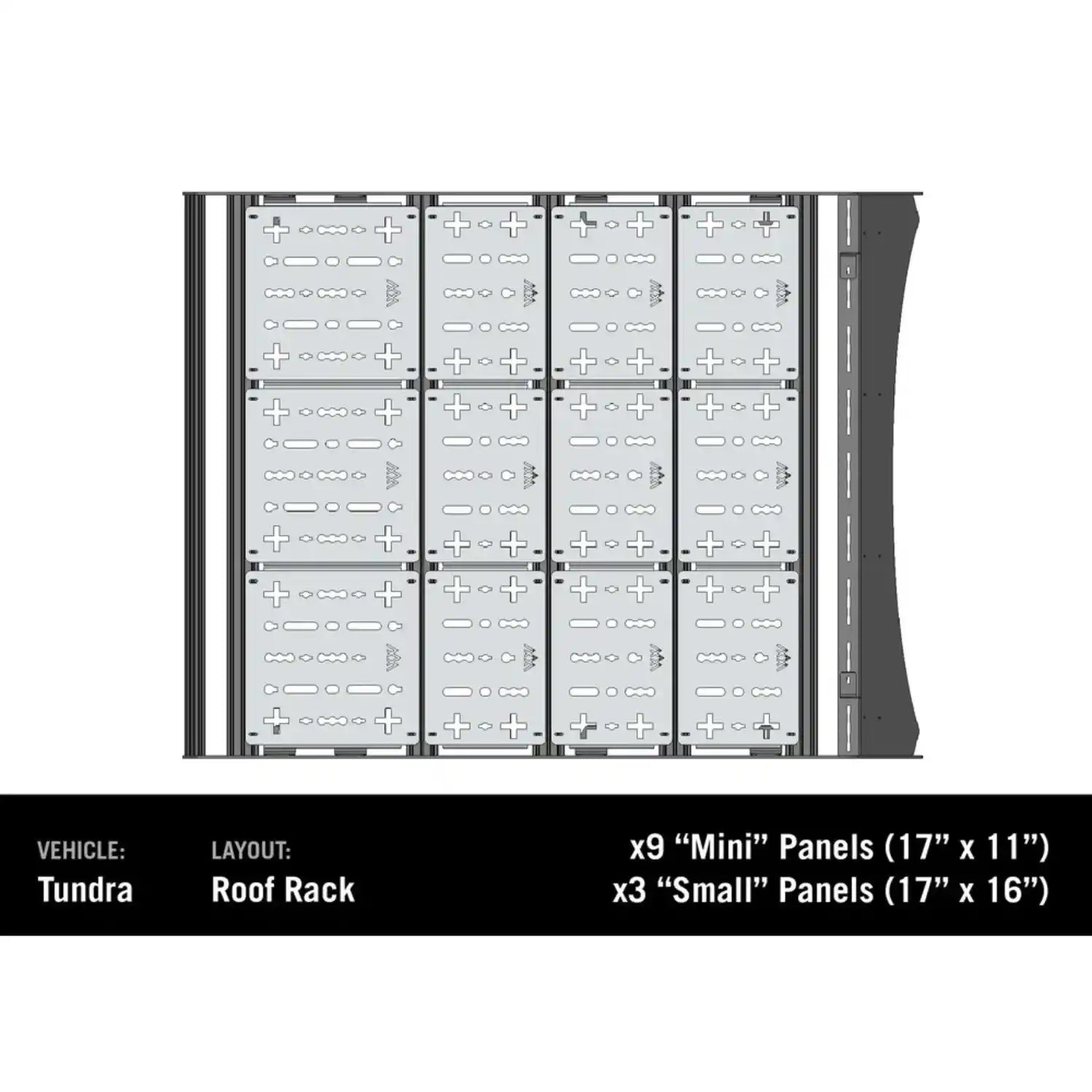 Diagram of a vehicle roof rack layout with panels for a Tacoma, showing 'Mini' and 'Small' panel sizes.