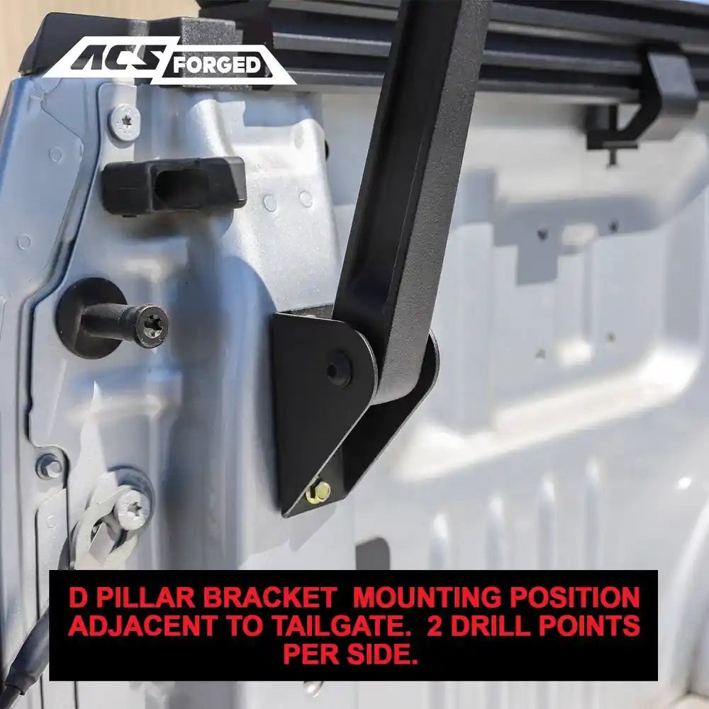 D pillar bracket with mounting instructions on a vehicle frame, featuring ACS Forged branding.