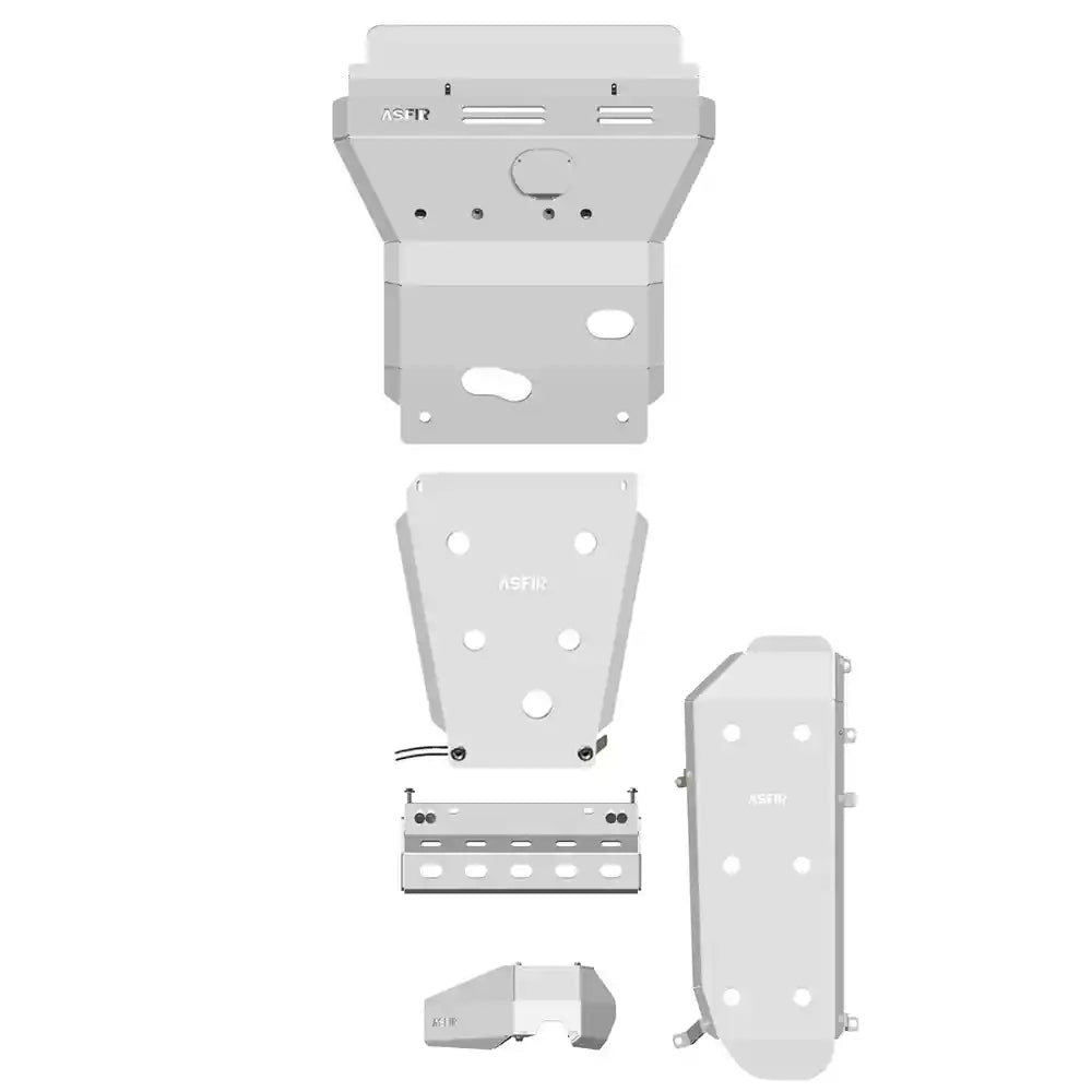 Detailed view of Asfir 4x4 5-piece skid plate system without KDSS