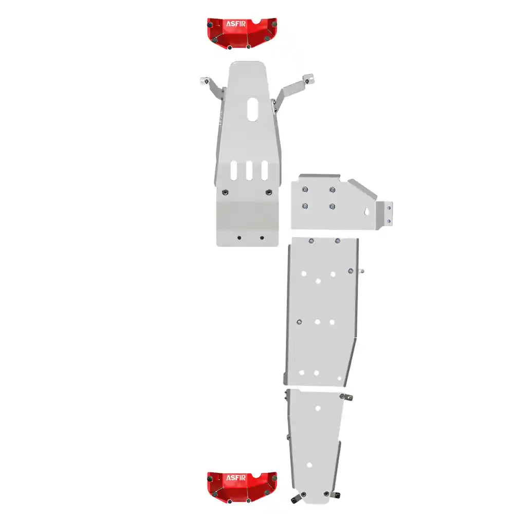 Detailed view of the Asfir front differential skid plate (red-painted steel) installed on Jeep Gladiator JT Dana 44 front axle