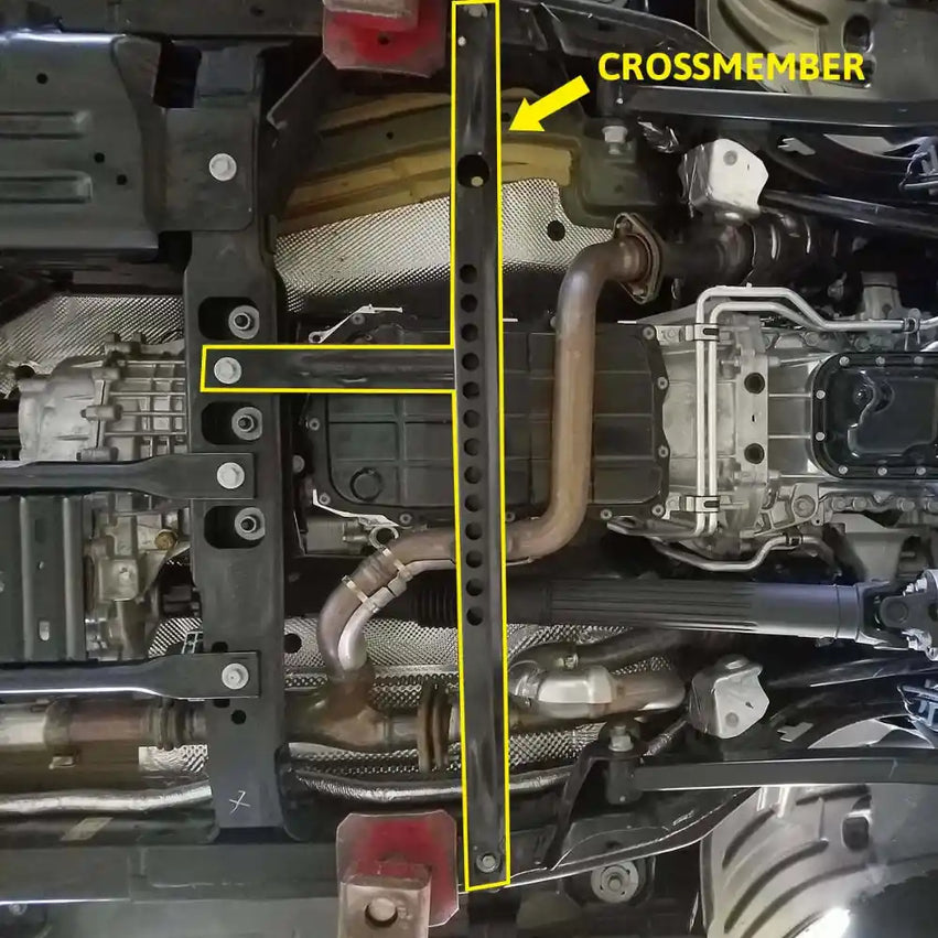 Yellow measurement lines showing Asfir crossmember skid plate coverage