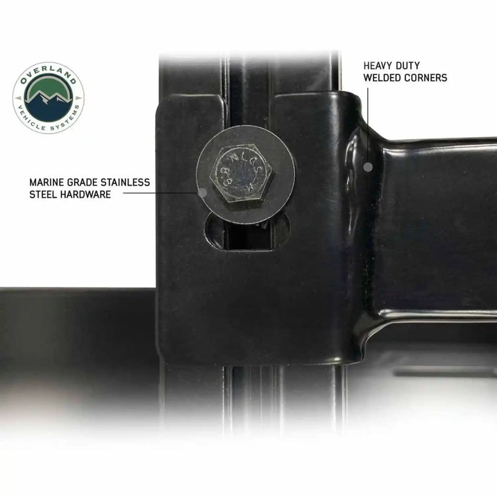 Close-up of a discover rack with text highlighting 'Marine Grade Stainless Steel Hardware' and 'Heavy Duty Welded Corners'.