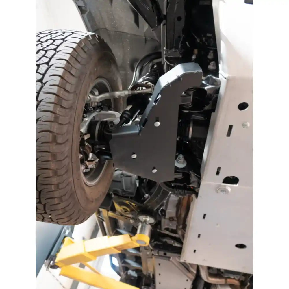 Driver side A-Arm skid plate installed close-up