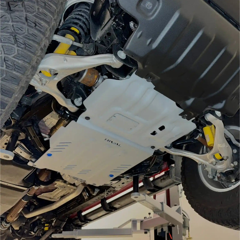 Mounted underbody view of engine skid plate for bronco
