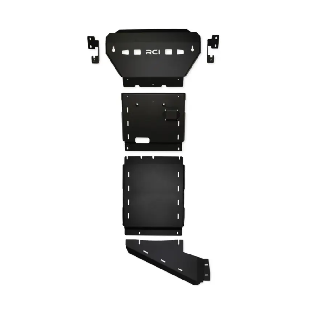 Exploded RCI skid plate kit components laid flat.