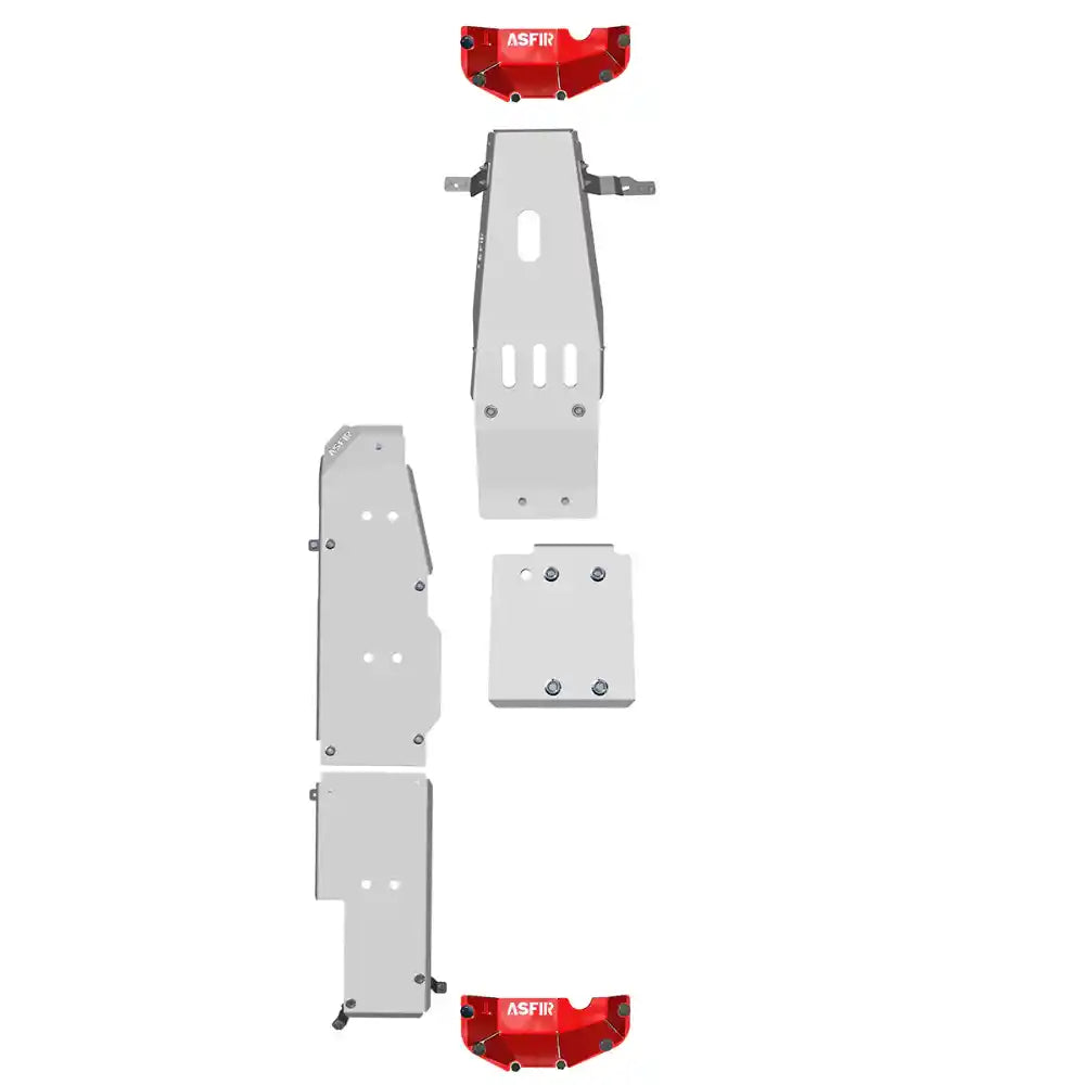 Exploded view diagram of the Asfir 4x4 5-piece skid plate kit for Jeep Gladiator JT, showing all aluminum and steel plates laid out flat with red-painted differential covers.